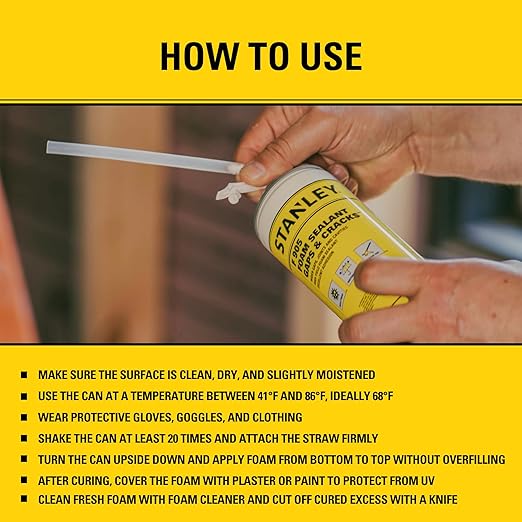 Stanley F905 Gaps & Cracks Sealant (12x12 Oz.) – Polyurethane Spray Foam Insulation for Window & Door, Waterproof Gap Filler, Low Expansion Foam for Indoor & Outdoor Use | Straw Use | 12 Oz. 12 Pack