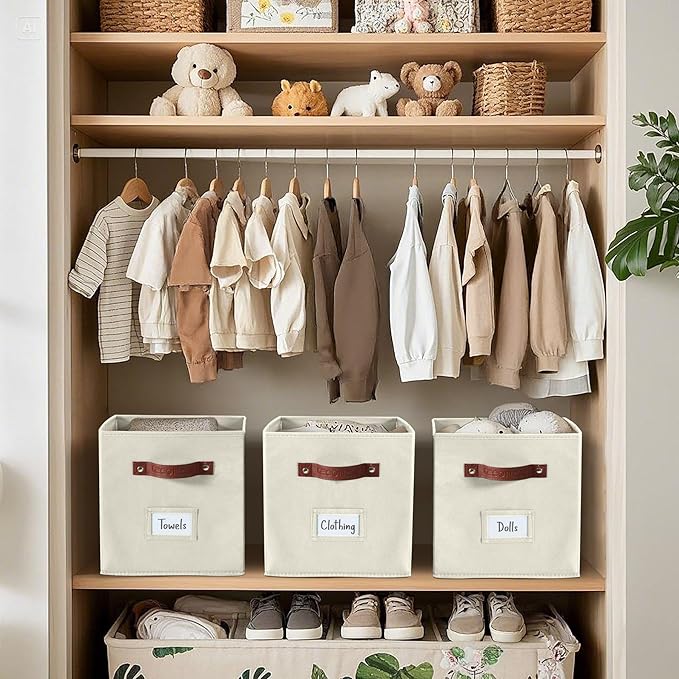 DECOMOMO Storage Baskets, 13x15x13 Storage Cube Bins with Labels for Organizing Shelves Kallax (Kallax / 4pcs, Beige)