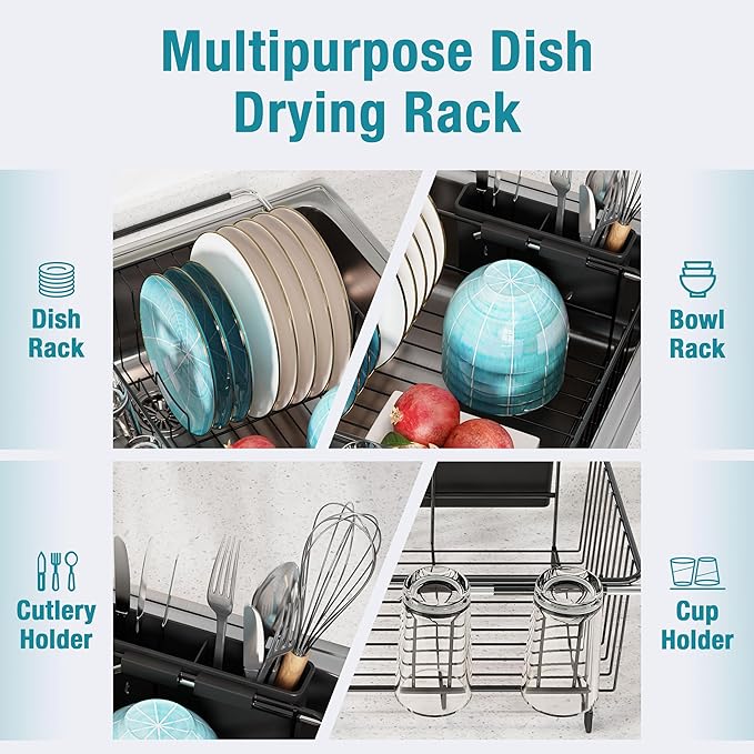 JASIWAY Dish Drying Rack in Sink, Over The Sink Colander Strainer Basket, Stainless Steel Strainer Basket with Expandable Rubber Grip Handles for Vegetables, Fruits, Home Kitchen Essentials, Black