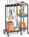 Broom Holder with Cleaning Supplies Organizer, Broom Closet Storage Cabinet with Cleaning Caddy, Cleaning Cart with Mop Hanger Gripper Rack Hooks,Janitorial Cart,Utility Carts Household Essentials