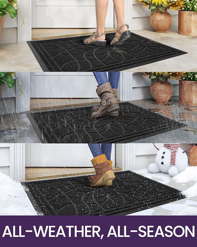 DEXI Front Door Mat Outside Entrance, Heavy Duty Non Slip Low Profile Doormat for Entryway, Trap Dirt and Moisture Welcome Mats, Easy Clean, Patio, Garage, 17x29, Black