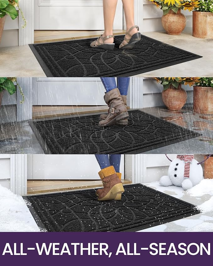 DEXI Front Door Mat Outside Entrance, Heavy Duty Non Slip Low Profile Doormat for Entryway, Trap Dirt and Moisture Welcome Mats, Easy Clean, Patio, Garage, 4x2, Black