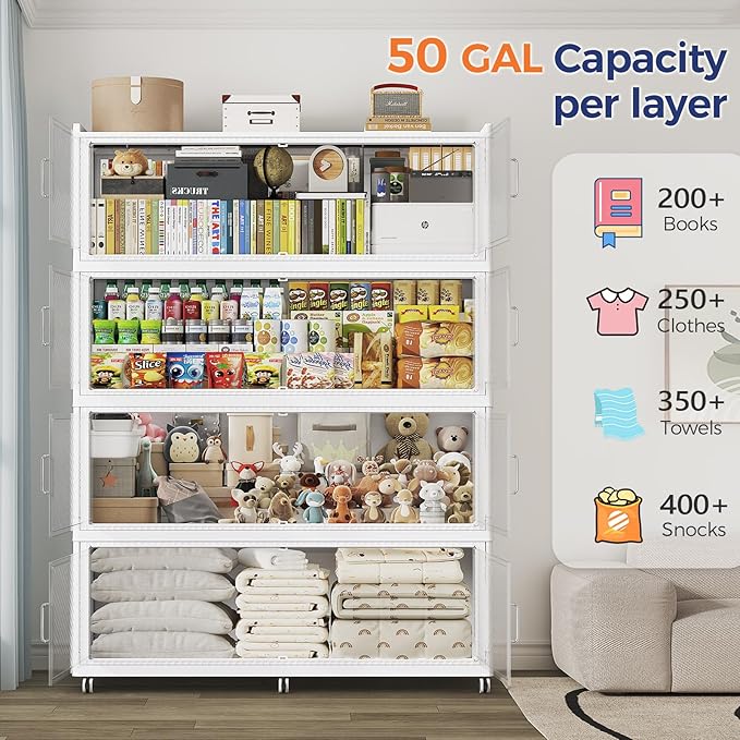 150 Gallon Extra Large Collapsible Storage Bin with Lid, 600QT Stackable Plastic Organizer with 6x Wheels, Foldable Drawer Cabinet for Closet, Living Room Office Dorm 3Pack, White