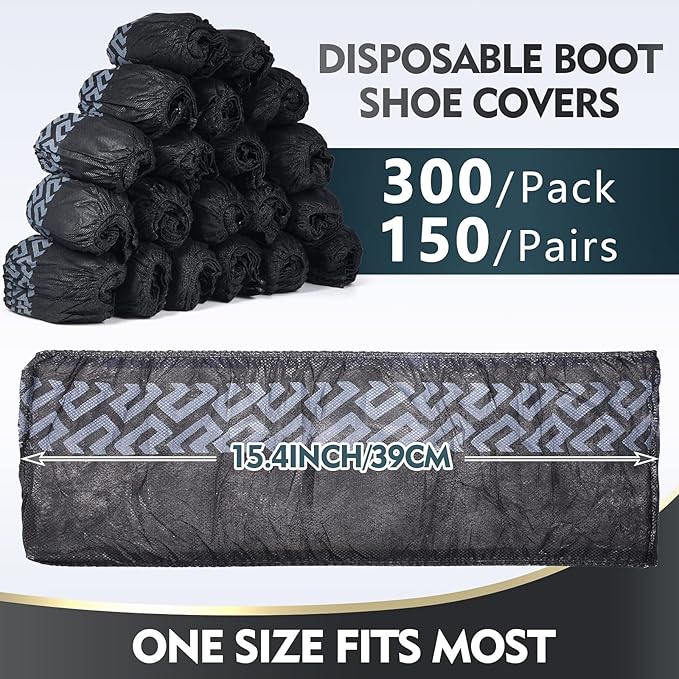 Zhanmai 300 Pack Disposable Shoe Covers Non Slip Disposable Large Foot Booties Shoe Covers for Indoors Contractors Floor and Carpet Protectors, One Size Fits Most(Black)