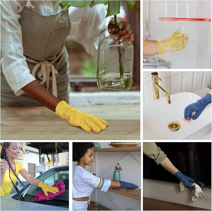 Patelai 2 Pairs Microfiber Gloves for plants Dusting Cleaning Glove Mittens House Cars Blinds Dusting(Yellow, Dark Blue, Large)
