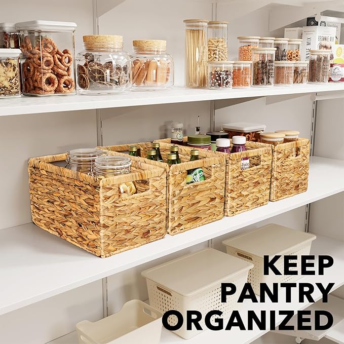 SpaceAid 4 Pack Wicker Basket, Storage Baskets for Organizing, Woven Rattan Basket with Handles for Shelves, Water Hyacinth Large Cube Organizer Storage Bin, 13x8.2x7 inch, Natural