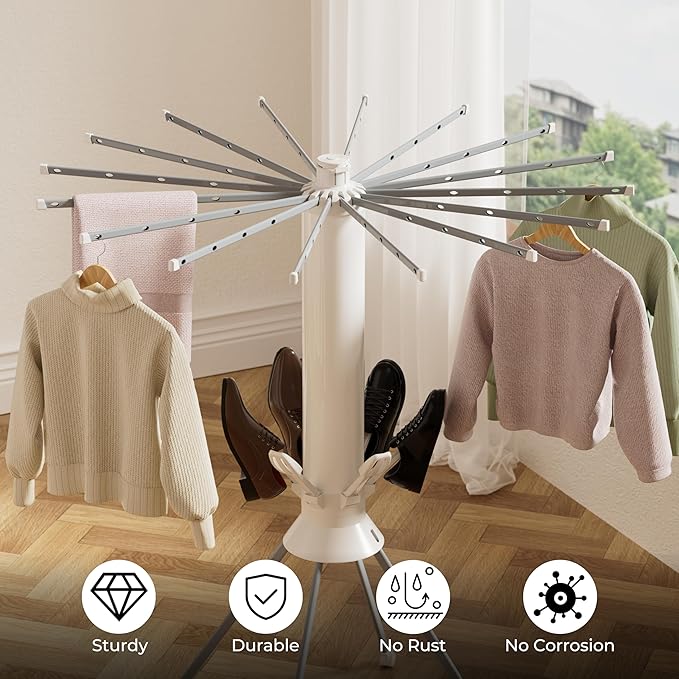 Clothes Drying Rack Foldable, Portable 4-Legged Laundry Drying Racks, Shoe Dryer Rack, Outdoor Collapsible Drying Rack Clothing with 4 Pulleys and Anti-Slip Holes, Aluminum Indoor Dry Rack