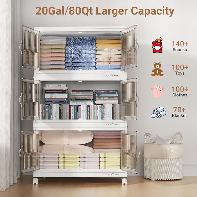 BROVIEW 400Qt Stackable Storage Bins with Lid, Extra Large Closet Organizer Collapsible Drawer Boxes with Wheels, Folding Plastic Cabinet Containers for Home Kitchen Room Organization, 5Pack White