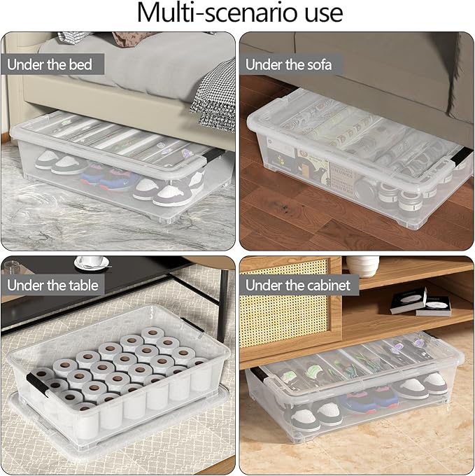 50 Quart Plastic Under Bed Storage Boxes, Clear Under Bed Storage Containers with Wheels, 3-Pack