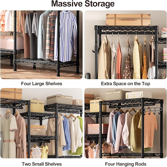 Heavy Duty Garment Rack Large Clothes Rack,Freestanding Closet Portable Clothing Rack with 7 Adjustable Wire Shelves&4 Hang Rods&2 Hooks,Metal Closet Storage Organizer Wardrobe System,MaxLoad 1000lbs
