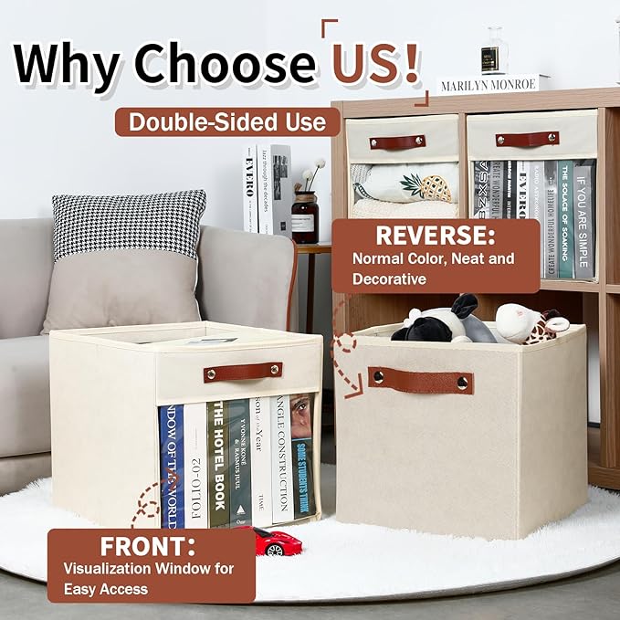 HNZIGE Fabirc Storage Cubes Bin 13x15x13 Clear Storage Cube, 4 Pack Foldable Cloth Cubby Storage Bins for Cube Organizer Closet Cabinet, Large Fabric Storage Bins for Shelves Organizer Bins- Cream