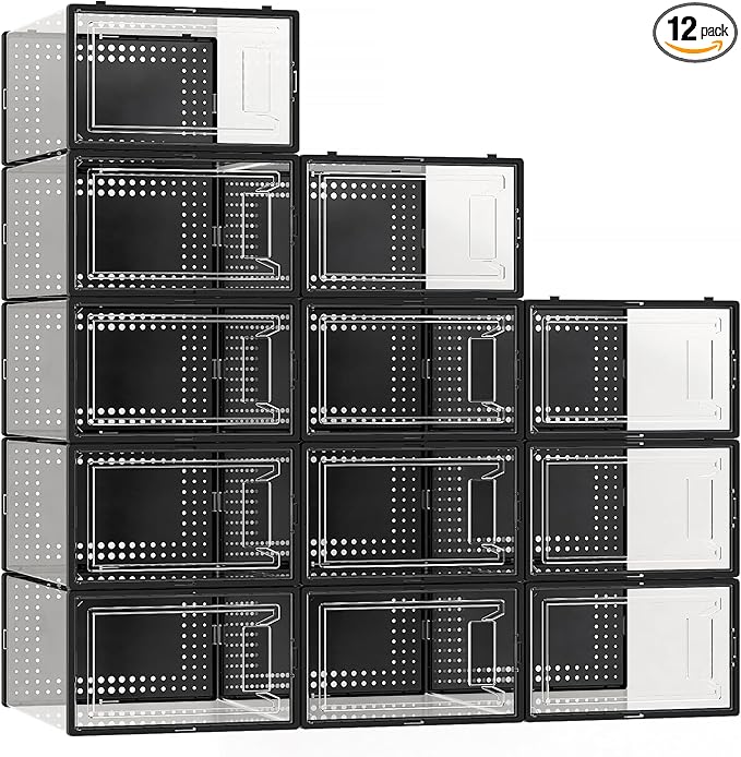 12 Pack Large Shoe Organizer Storage Boxes for Closet, Modular Space Saving Shoe Boxes Clear Plastic Stackable Sneaker Containers Display Case with Lids, Black05