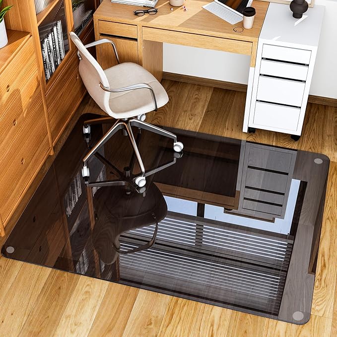 GLSLAND 46" × 55" [Tempered Glass] Chair Mat – Durable Office Chair Mat on Carpet with 0.2" Thickness, 4 Non‑Slip Pads, Sleek & Sturdy Matte Gray Finish, Smooth Glide & Easy Clean, Blue & Grey
