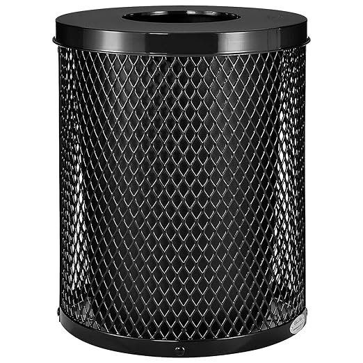 Global Industrial Outdoor Diamond Steel Trash Can with Flat Lid and Plastic Liner, 36 Gallon Capacity, Black, Thermoplastic Coating, 23-1/2" Diameter, 30" H