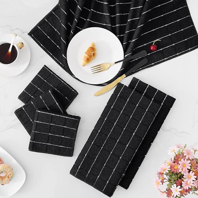 Homaxy Microfiber Kitchen Towels and Dishcloths Set, 12 Pack Soft and Absorbent Dish Hand Towels Bulk, 28 x 16 Inch & 12 x 12 Inch Quick Drying Rags for Washing Dishes, Black