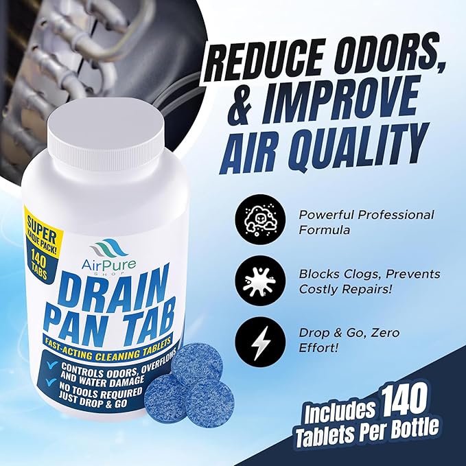 Air Pure Drain Pan Tabs - 140 Flow Treatment Tablets for HVAC & AC Condensate Pan Treatment | Prevents Overflow, Cleans Drain Lines, & Eliminates Odors
