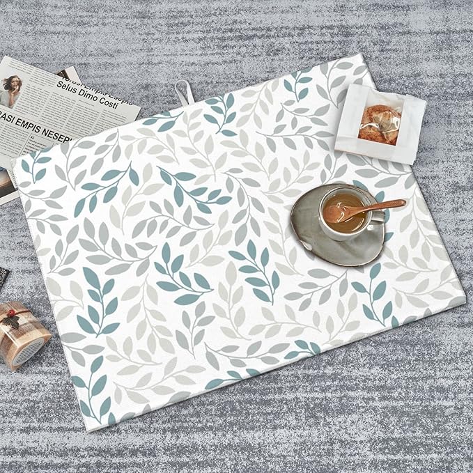 Grey And Blue Leaves Branches Microfiber Absorbent Reversible Dish Drying Mat For Kitchen Counter Xl Large Pad 18 X 24 Inch