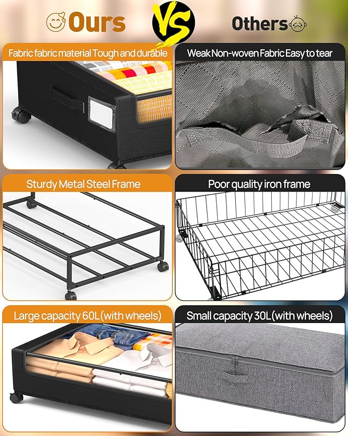 Under Bed Storage, Underbed Storage With Wheels, Under The Bed Storage for Clothes, Blankets, Shoes... (Black, 1 Pack)