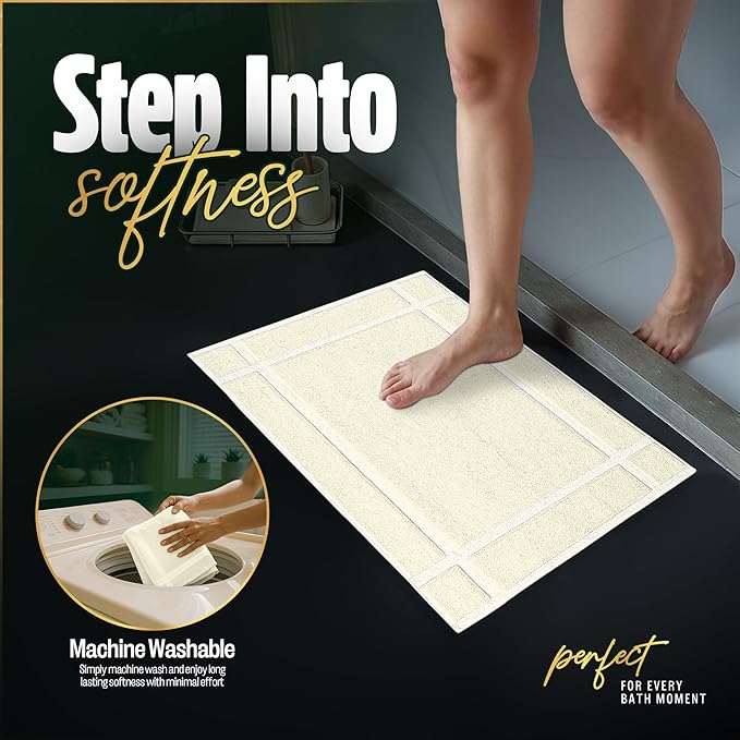 Pearl Linens Pack of 2 100% Cotton Bath Mat 18x25 inches, Soft & Absorbent Quick Dry Bathroom Mats Set, Not Bathroom Rugs, After Shower Mats, Bath Tub Mat, 687 GSM, Machine Washable, Ivory