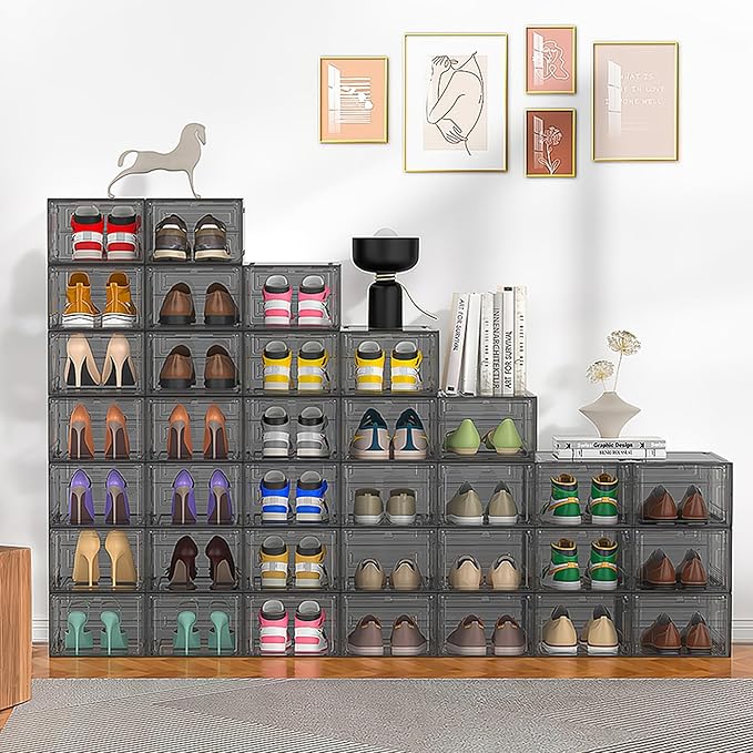 12 Pack Hard Sturdy Thickened Rigid XX Large Shoe Storage Organizer for Closet, Clear Stackable Sneaker Shoe Boxes Rack Containers Display Case Bins with Lids, Grey
