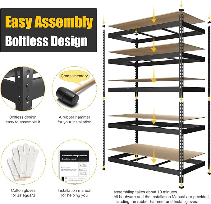 PrimeZone 4 Pack Heavy Duty Adjustable 5 Tier Garage Storage Shelves - 47" W x 18" D x 71" H, Metal Utility Rack Shelf Unit for Warehouse, Pantry, Closet, Kitchen, Black