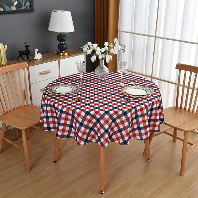 Waterproof Plaid Tablecloth Fabric - Round 120 Inch Classic Gingham Checker Table Cloth for Indoor/Outdoor Use - Buffalo Table Cover for Picnics, BBQs, and Parties