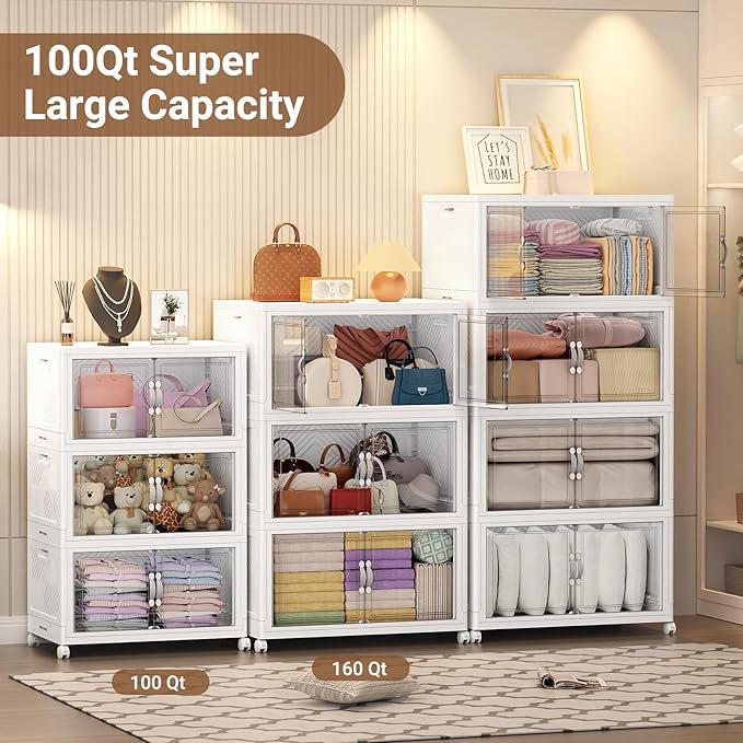 BROVIEW 300QT Extra Large Stackable Storage Bins, 75Gal Clear Plastic Closet Organizer Cabinet with Lid and Wheels, Collapsible Latch Boxes Folding Drawer with Door for Home Kitchen, V20 3Pack White