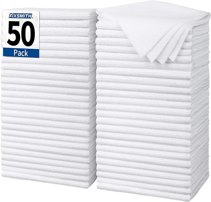 FIXSMITH White Microfiber Cleaning Cloth, Pack of 50, 16"X12" Cleaning Rags for Housekeeping and Kitchen, Reusable Shop Towels, Microfiber Towels for Cars, Lint Free, Scratch-Free, Highly Absorbent