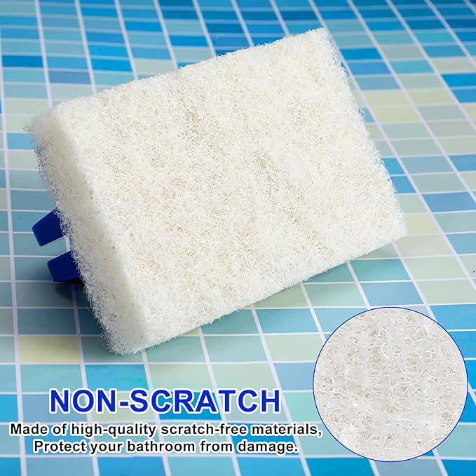 18 Pcs Handled Bath Scrubber Set, 15 Bathroom Scouring Pad 3 Bathtub Scrubber with Handle Non Scratch Soap Scum Remover for Cleaning Sink Shower Tile Swimming Pool Step and Corners(Blue and White)