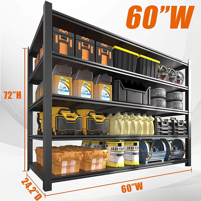 60" W Garage Shelving Heavy Duty Metal Shelving 3000LBS Storage Shelves Adjustable 5 Tier Metal Shelves for Storage Industrial Shelves for Garage, Warehouse, 24.2" D x 60'' W x 72'' H