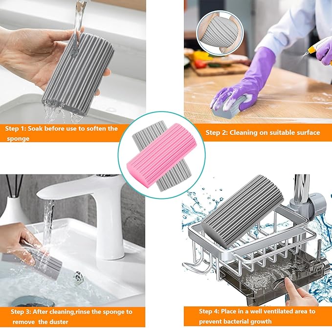 6-Pack Damp Clean Duster Sponge,Magic Sponge Eraser for Housekeeping,Reusable Cleaning Sponge for Blinds,Vents,Mirrors,Glass, Baseboards,Window Track Grooves and Railings (Pink)