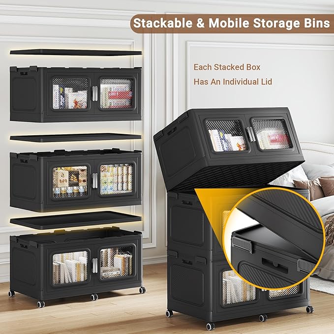 BROVIEW 900 Qt Stackable Storage Bin with Lid, 225Gal Extra Large Collapsible Storage Boxes, Folding Plastic Drawer, Heavy-Duty Store Cabinet, Closet Organizer for Home Kitchen, 3 Pack Black