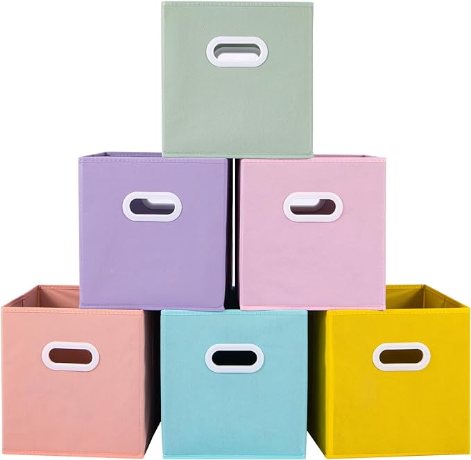 Stero Fabric Storage Cubes Bins, 13 inch Fun Colored Foldable Storage Baskets with Dual Plastic Handle for Home, Kids Room, Closet and Toys Organization, Multi Colored, Set of 6