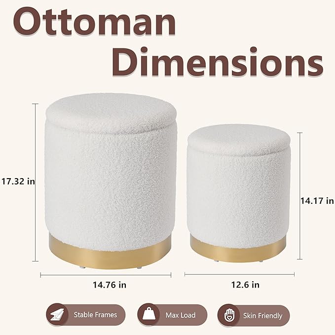 Royal Windsor Boucle Round Ottoman with Storage Set of 2, Vanity Stool with Storage for Bedroom, Ottoman Coffee Table Gold-Tone Ring Around The Base, Small Foot Stool for Living Room, White