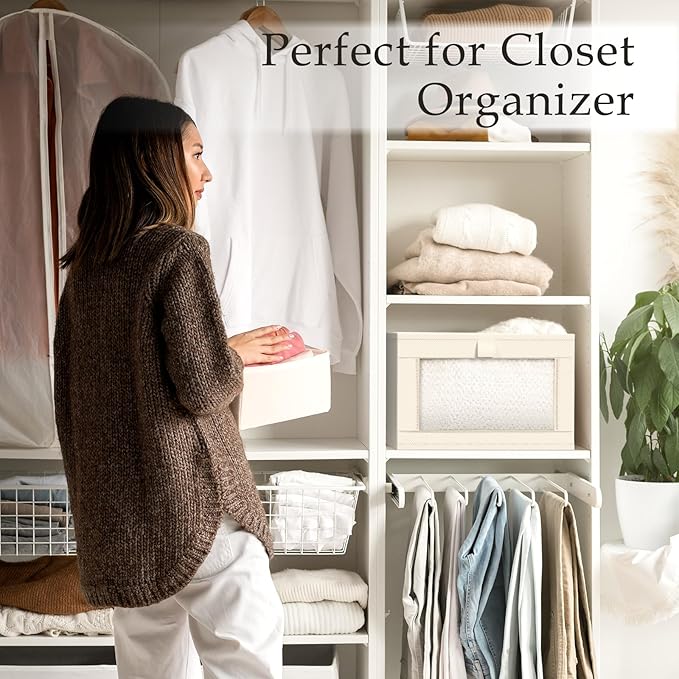 Criusia Linen Closet Organizers and Storage, 8 Pack Large Linen Closet Baskets with Mesh Window for Organization, Foldable Closet Organizer for Clothing, Towels, Toys, Nursery, Books, Shelves, Beige