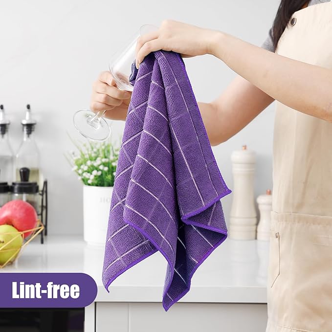 Homaxy Microfiber Kitchen Towels and Dishcloths Set, 16 Pack Soft and Absorbent Dish Hand Towels Bulk, 28 x 16 Inch & 12 x 12 Inch Quick Drying Rags for Washing Dishes, Purple