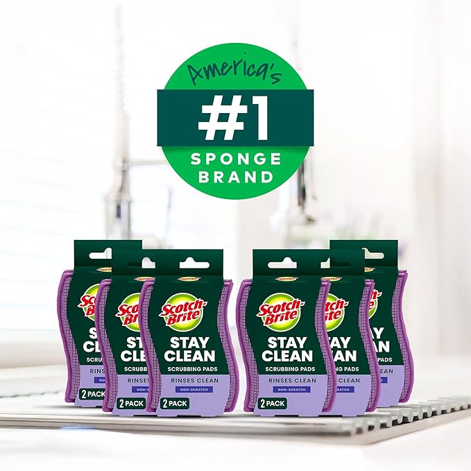 Scotch-Brite Stay Clean Scrubber Pads, Non-Scratch Dish Sponges for Kitchen Cleaning, 12 Count, Rinses Clean, Odor-Resistant, Safe on Non-Stick Cookware, Pots, Pans, and Glassware