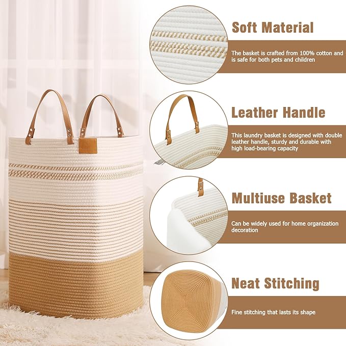 danpinera Large Laundry Hamper – 75L Tall Woven Cotton Storage Basket with Leather Handles, Slim Dirty Clothes Hamper, Decorative Storage Basket for Blanket,Toys White & Jute