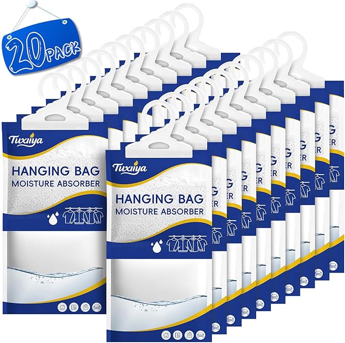 20 Pack Moisture Absorbers Packets,Hanging Closet Dehumidifier Bags,Humidity Packs, Desiccant,Moisture Absorbing Bags for Closet,Wardrobes,Bedrooms, Bathrooms(Net Wt. 230g/Pack)