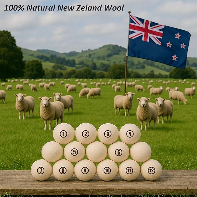 Sheep Wool Dryer Balls 12 Pack XL(2.7") Premium Natural Fabric Softener, Reusable Laundry Dryer Balls for Reducing Drying Time, Static and Wrinkles, Eco-Friendly – 100% New Zealand Wool