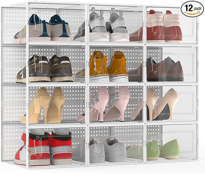 12 Pack XXX-Large Modular Clear Plastic Stackable Shoe Storage Organizer for Closet, Space Saving Versatile Sneaker Shoe Rack Containers Bins Holders, Portable Closet Organizers and Storage, White