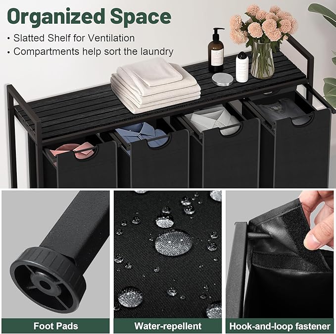 Laundry Hamper, Laundry Sorter with 4 Pull-Out Removable Oxford Fabric Bags Cloth Laundry Basket 4 x 10 Gallons (Charcoal Black)