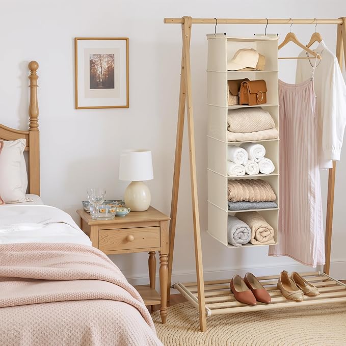 GRANNY SAYS 6 Shelf Hanging Closet Organizers and Storage, Collapsible Closet Hanging Organizer with 2 Sturdy Hooks, Large Hanging Shelves for Closet, College Dorm, Locker, Beige