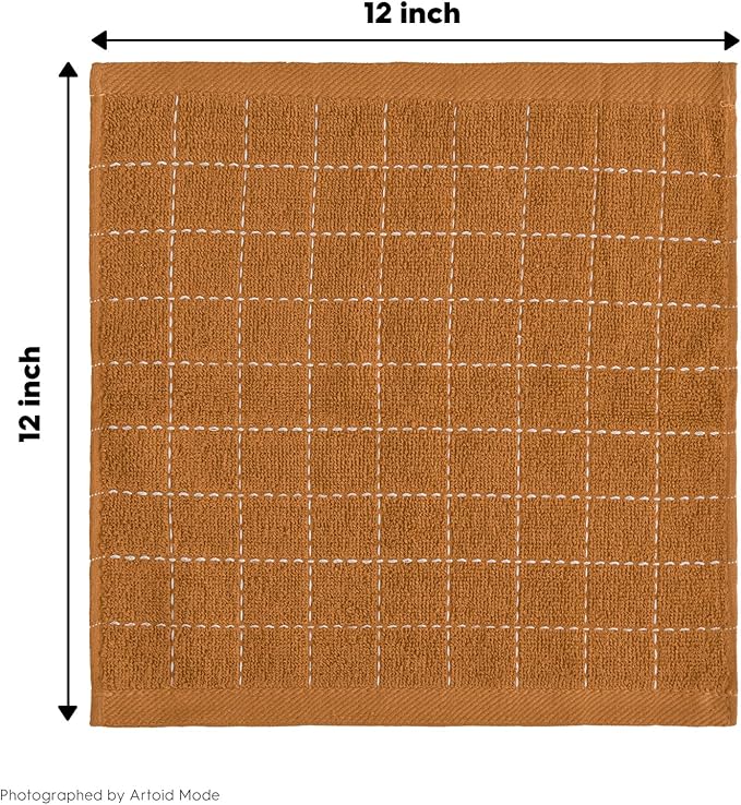 Artoid Mode Checkered Designed Cotton Beige Caramel Green Terry Kitchen Dish Cloths, 12x12 Inch Soft Absorbent Quick Drying Kitchen Rags Set of 6