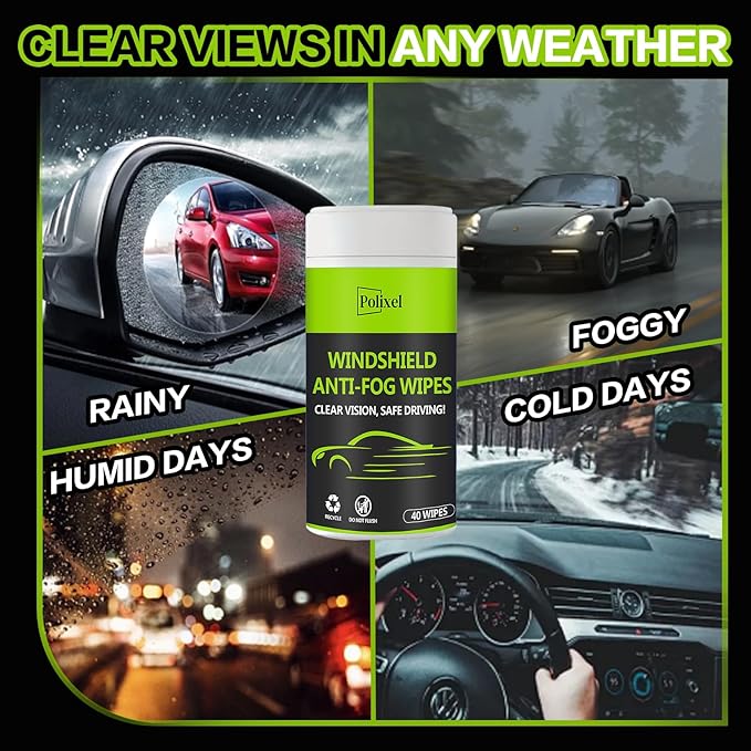 Glass Anti-Fog Wipes - Quick Windshiled Fogging Remover Resealable Bottle Pack Defogger for Windows, Helmets, Mirrors, Goggles -40 Wipes