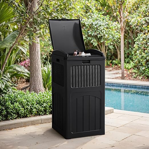 Flamaker 30 Gallon Trash Can, Resin Outdoor Garbage Can with Lid, Waterproof Hideaway Patio Waste Bins for Outside Use (Black)