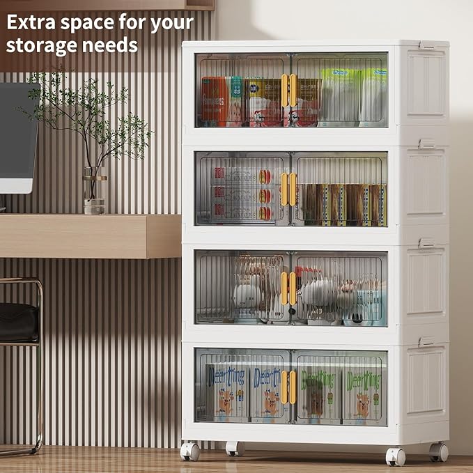 80Gal Stackable Plastic Storage Bins with Lids, Collapsible Closet Organizers and Storage with Wheels for Living Room,Office,Dorm 26.8" W x 14.4" D x 48.6" H, 4 Tier