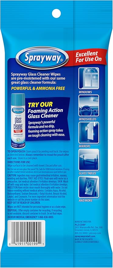 Sprayway Glass Cleaner Wipes, 20ct, Pack of 12, On-the-Go Resealable Package, Pre-Moistened, Original Ammonia-Free Formula, Removes Fingerprints, Dust, Dirt, All Glass Surfaces, 2 trays per cartons