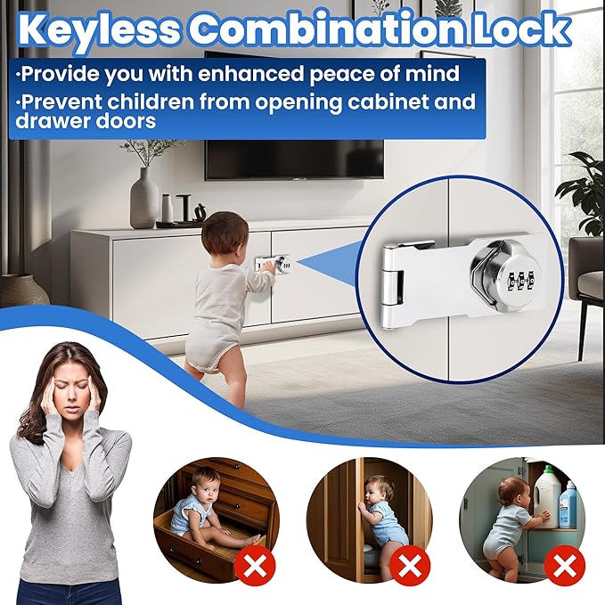 Keyless Cabinet Lock with Combination Code - 3-Digit Password Hasp Latch Lock for Drawers, Bifold Closet Door and Double Sided Door (Silver, 4.5 Inch, 2 Pack)