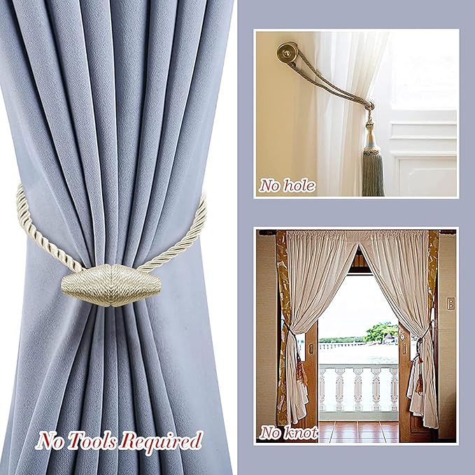 Hion Magnetic Curtain Tiebacks Beige 2pcs, Curtain Tiebacks Buckles Holdbacks Holders Hooks Clip for Home Bedroom Office Decorative Curtain